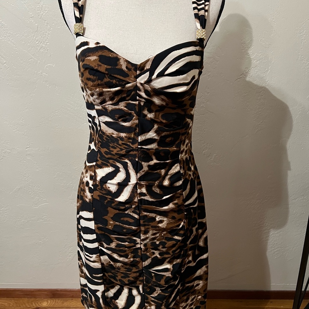 Love Tease ruched animal fitted print party dress side zipper gold gem clasp